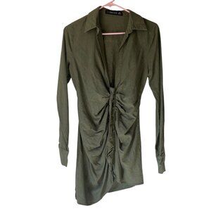 Lioness XS Olive Green Long-Sleeve‎ Ruched Button-Up Mini Dress Linen